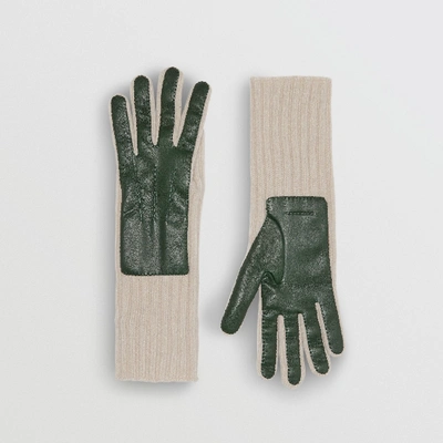 Shop Burberry Cashmere And Lambskin Gloves In Dark Forest Green/ White