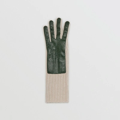 Shop Burberry Cashmere And Lambskin Gloves In Dark Forest Green/ White