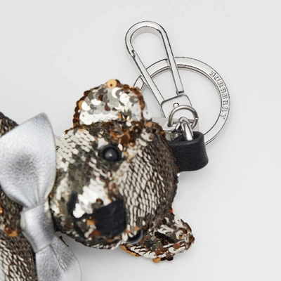 Shop Burberry Thomas Bear Charm In Sequins And Leather In Silver