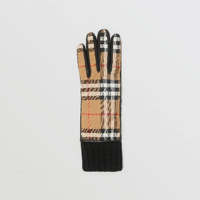 Shop Burberry Cashmere-lined Vintage Check And Lambskin Gloves In Antique Yellow/black