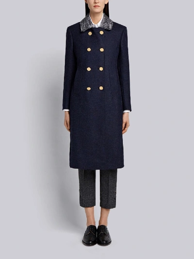 Shop Thom Browne Fur Top Collar Wool Overcoat In Blue