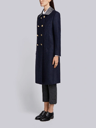 Shop Thom Browne Fur Top Collar Wool Overcoat In Blue