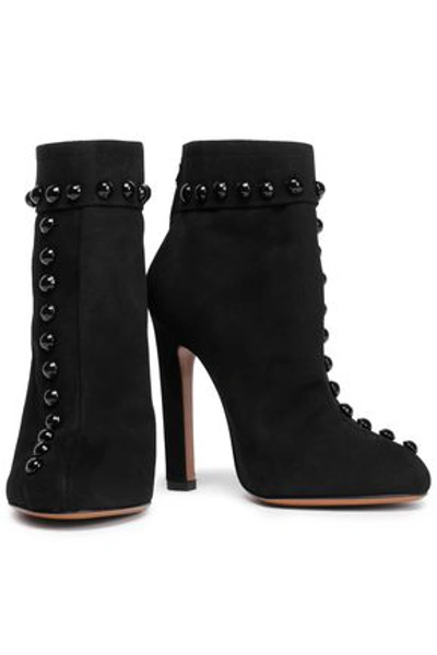 Shop Alaïa Button-embellished Suede Ankle Boots In Black