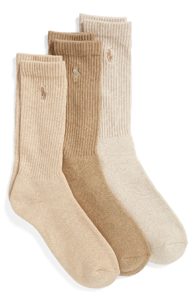 Shop Polo Ralph Lauren 3-pack Crew Socks In Taupe/ Oyster/ Beige