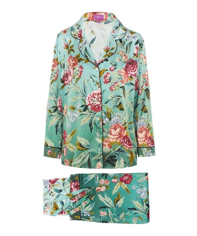 Shop Liberty London Desert Rose Silk Satin Pyjama Set In Green