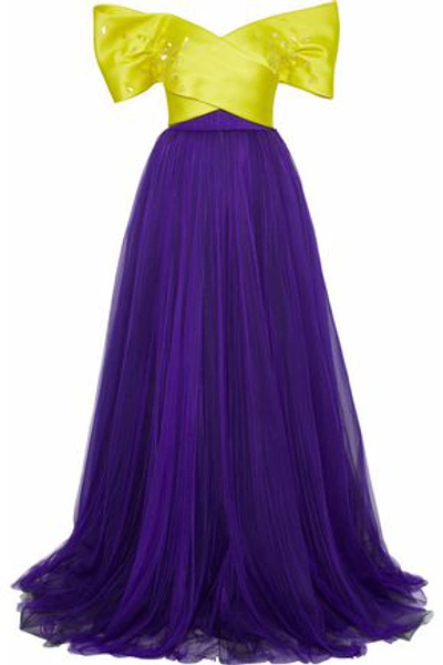 Shop Delpozo Strapless Sequin-embellished  Silk-satin Faille And Tulle Gown In Purple
