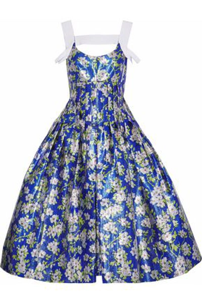 Shop Delpozo Woman Grosgrain-trimmed Floral-print Metallic Jacquard Midi Dress Blue