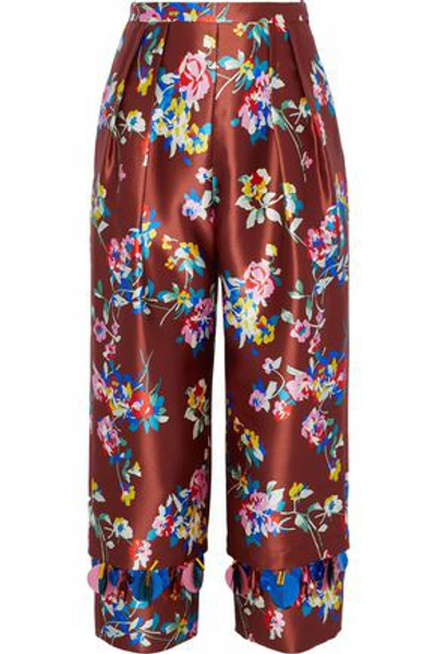 Shop Delpozo Woman Cropped Embellished Floral-print Silk-satin Twill Straight-leg Pants Brick