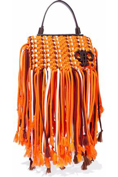 Shop Emilio Pucci Woman Leather-trimmed Fringed Macramé Shoulder Bag Orange