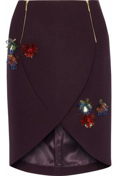 Shop Delpozo Wrap-effect Floral-appliquéd Twill Mini Skirt In Merlot