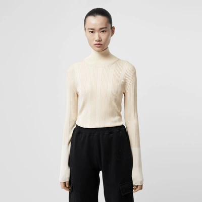 Shop Burberry Rib Knit Silk Turtleneck Sweater In Natural White