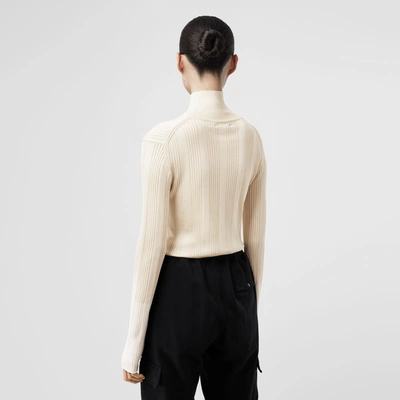 Shop Burberry Rib Knit Silk Turtleneck Sweater In Natural White
