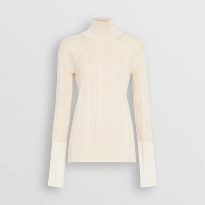Shop Burberry Rib Knit Silk Turtleneck Sweater In Natural White