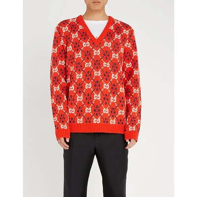 Shop Gucci Gg-intarsia Cotton And Wool-blend Jumper In Orange
