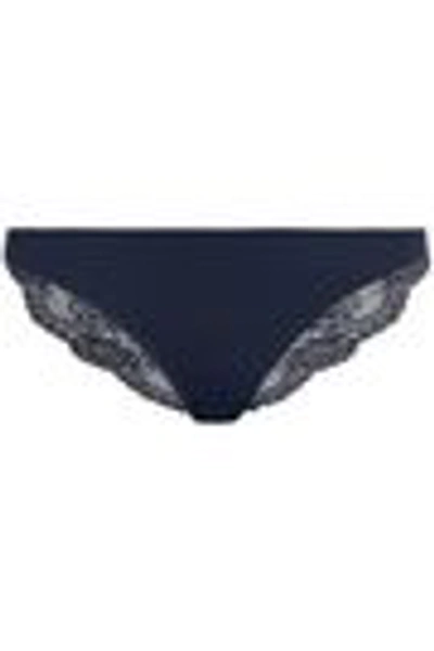 Shop Stella Mccartney Lily Blushing Stretch-jersey And Lace Low-rise Briefs In Midnight Blue