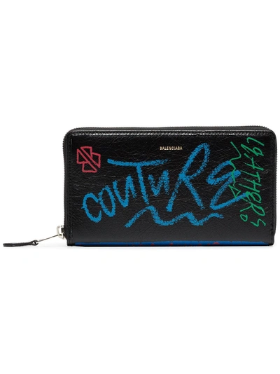 Shop Balenciaga Black Bazar Continental Graffiti Leather Wallet