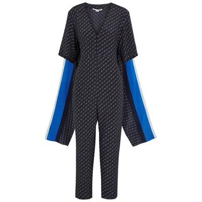 Shop Stella Mccartney Navy Monogrammed Silk Jumpsuit