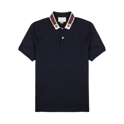 Shop Gucci Navy Striped Piqué Cotton Polo Shirt