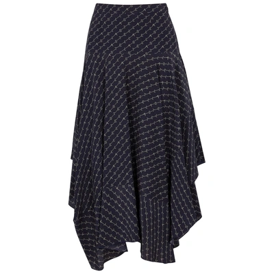 Shop Stella Mccartney Poppy Navy Monogrammed Silk Skirt