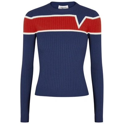 Shop Valentino Dark Blue Ribbed-knit Top In Navy