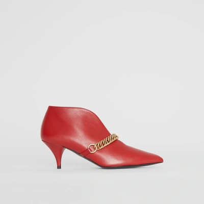 Shop Burberry Link Detail Leather Ankle Boots In Claret
