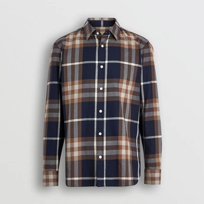 Shop Burberry Check Cotton Flannel Shirt In Dark Navy