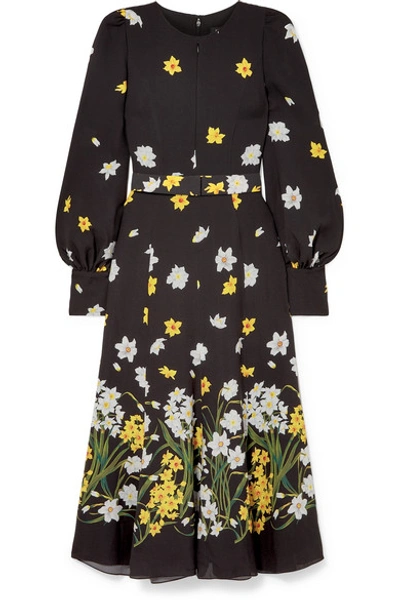 Shop Andrew Gn Belted Floral-print Silk Midi Dress In Black