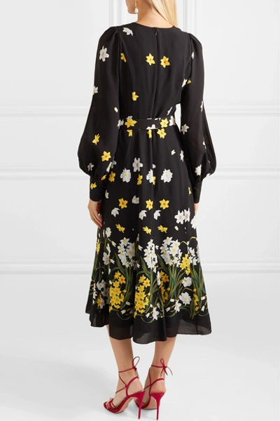 Shop Andrew Gn Belted Floral-print Silk Midi Dress In Black