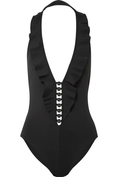 Shop Zimmermann Juniper Ruffled Halterneck Swimsuit In Black