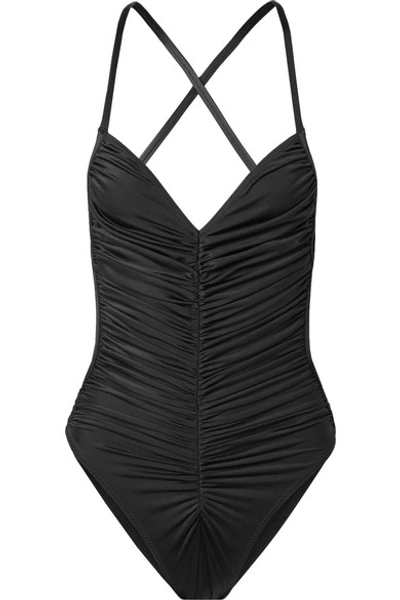 Shop Norma Kamali Butterfly Mio Ruched Swimsuit In Black