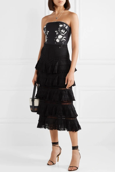 Shop Zimmermann Juniper Lace-trimmed Tiered Pintucked Cotton-voile Midi Skirt In Black