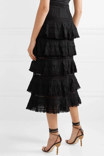 Shop Zimmermann Juniper Lace-trimmed Tiered Pintucked Cotton-voile Midi Skirt In Black