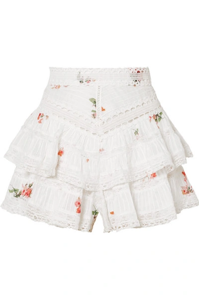 Shop Zimmermann Heathers Lace-trimmed Ruffled Floral-print Cotton-voile Shorts In White