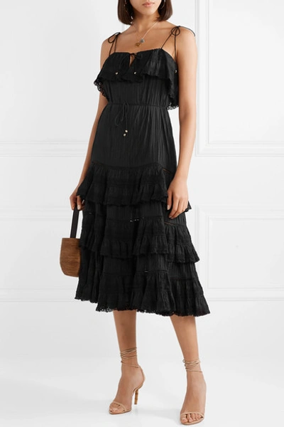 Shop Zimmermann Juniper Tiered Lace-trimmed Pintucked Cotton-voile Midi Dress In Black