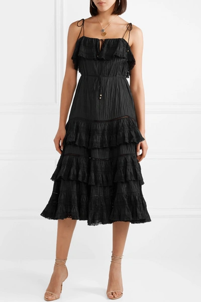 Shop Zimmermann Juniper Tiered Lace-trimmed Pintucked Cotton-voile Midi Dress In Black