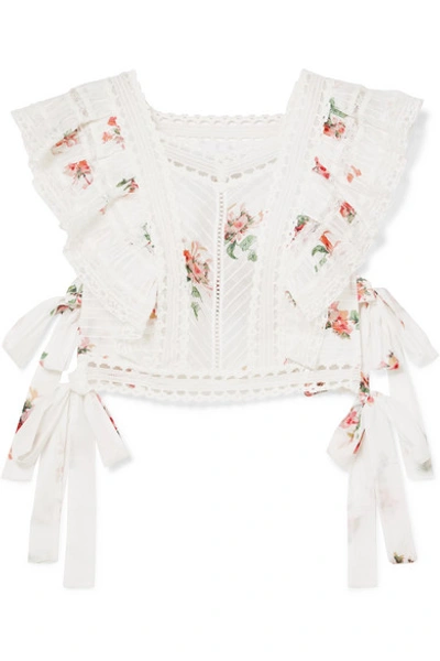 Shop Zimmermann Heathers Satin And Lace-trimmed Ruffled Floral-print Cotton-voile Top In White