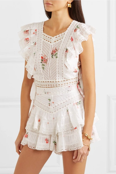 Shop Zimmermann Heathers Satin And Lace-trimmed Ruffled Floral-print Cotton-voile Top In White