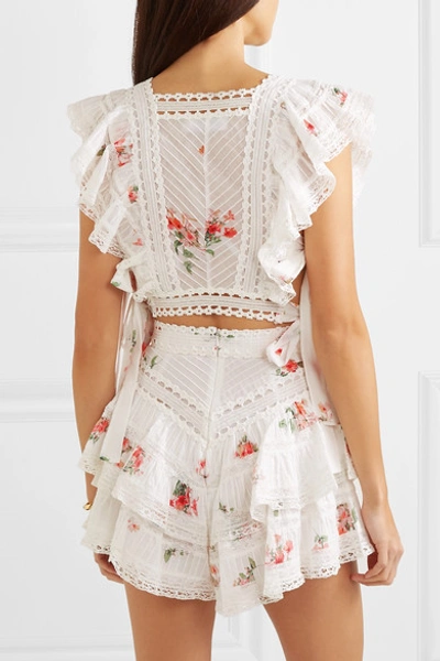 Shop Zimmermann Heathers Satin And Lace-trimmed Ruffled Floral-print Cotton-voile Top In White