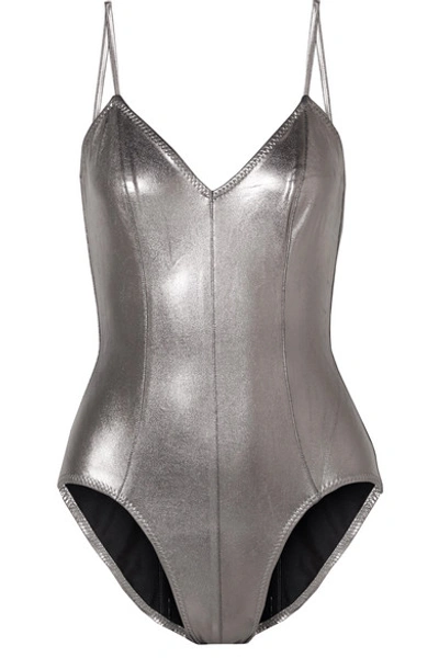 Shop Norma Kamali Wonderwoman Mio Metallic Swimsuit In Silver