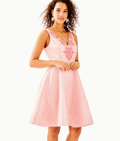 Shop Lilly Pulitzer Elanie Fit And Flare Dress In Pink Tropics Lagoon Jacquard