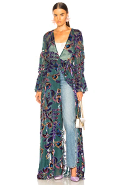 Shop Patbo Burnout Velvet Maxi Wrap Dress In Blue,floral,purple. In Teal Multi