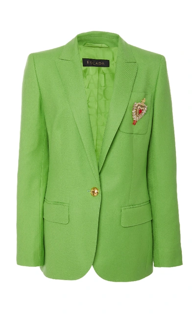Shop Escada Beart Virgin Wool Slim Fit Blazer With Heart Pin In Green