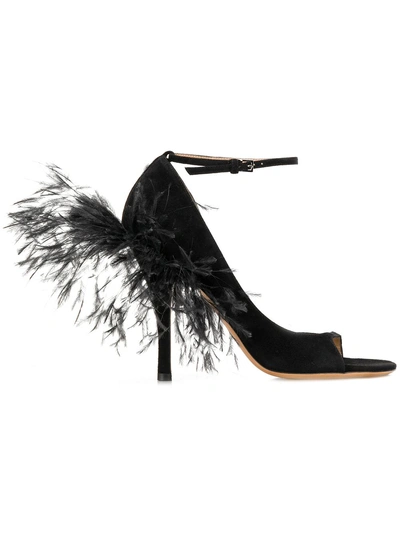 Shop Valentino Garavani Feather Trim Open Toe Sandals - Black