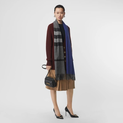 Shop Burberry Colour Block Check Cashmere Scarf In Bright Cobalt