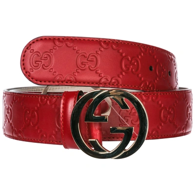 Shop Gucci Women's Genuine Leather Belt  Signature Gg In Red