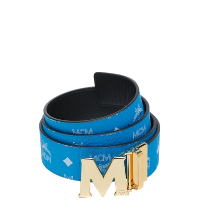 Shop Mcm M Reversible Belt 1.75" In White Logo Visetos In T. Blue