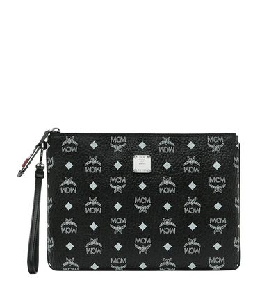 Shop Mcm Wristlet Zip Pouch In White Logo Visetos In White Logo Black