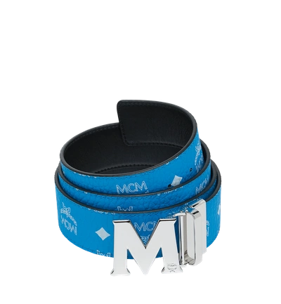 Shop Mcm M Reversible Belt 1.75" In White Logo Visetos In T. Blue
