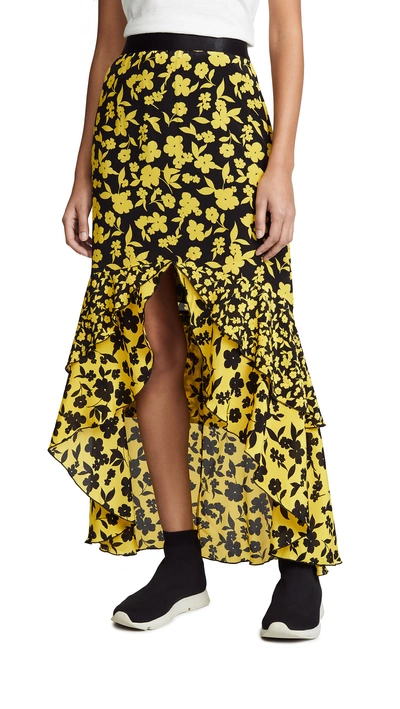 Shop Alice And Olivia Sueann Ruffle Midi Skirt In Daffodil Black/cana Po