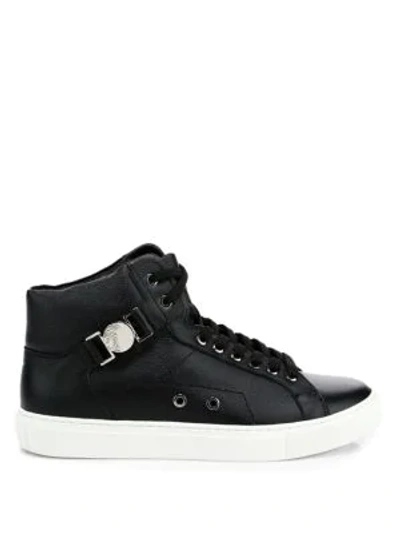Shop Versace Leather High-top Sneakers In Black